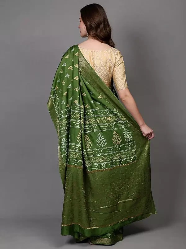 Exotic India Forest-Green Dabu Block-Printed Saree From Madhya Pradesh With Golden Thread Woven Phool Bail Border 