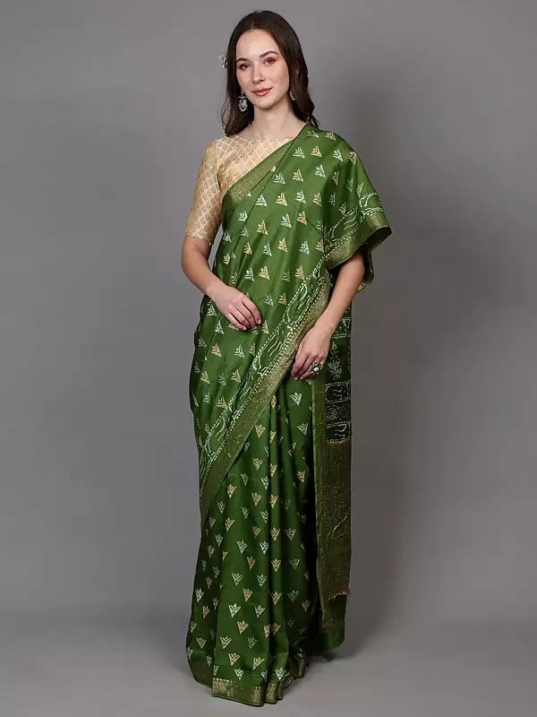exotic india Forest-Green Dabu Block-Printed Saree from Madhya Pradesh with Golden Thread woven Phool Bail Border 