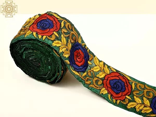 Exotic India Formal Green Fabric Border With Floral Thread Embroidery