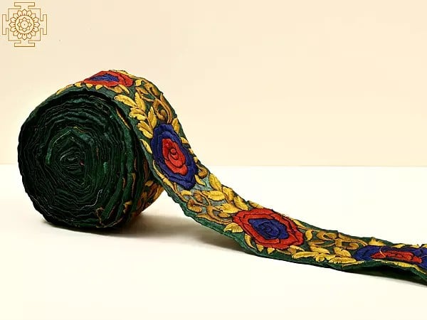Exotic India Formal Green Fabric Border With Floral Thread Embroidery
