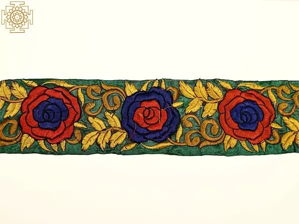 exotic india Formal Green Fabric Border with Floral Thread Embroidery 