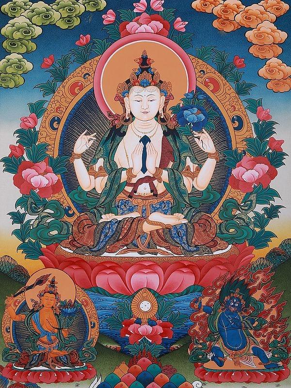 Exotic India Four-Armed Avalokiteshvara | Tibetan Brocadeless Thangka Painting 