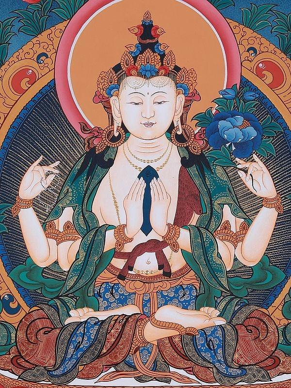 Exotic India Four-Armed Avalokiteshvara | Tibetan Brocadeless Thangka Painting 
