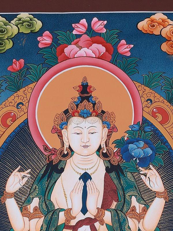 Exotic India Four-Armed Avalokiteshvara | Tibetan Brocadeless Thangka Painting 