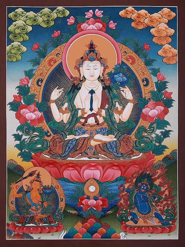 exotic india Four-Armed Avalokiteshvara | Tibetan Brocadeless Thangka Painting 