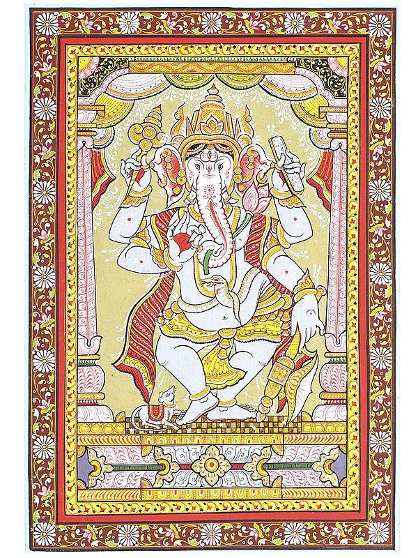 exotic india Four Armed Dancing Lord Ganesha | Pattachitra Painting