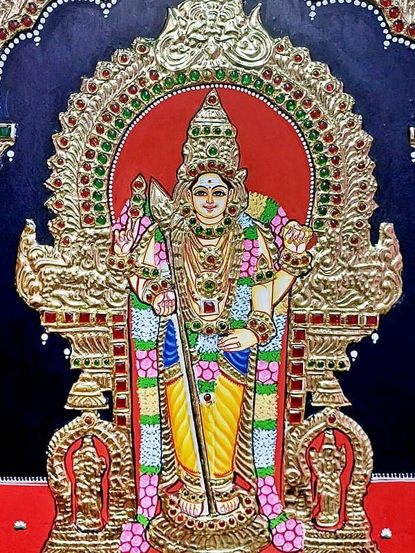 Exotic India Four-Armed Lord Murugan Tanjore Painting | Traditional Colors With Gold Work