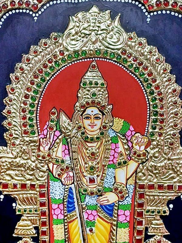 Exotic India Four-Armed Lord Murugan Tanjore Painting | Traditional Colors With Gold Work