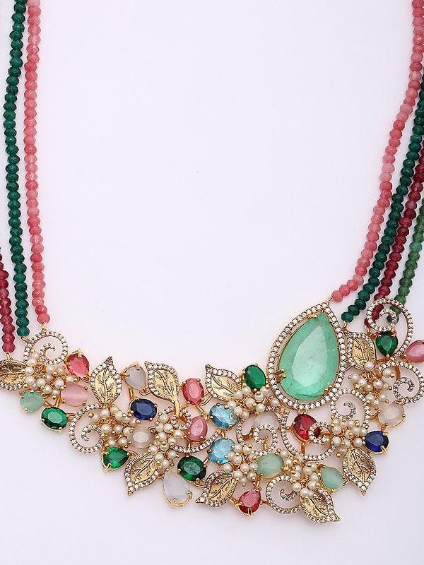 Exotic India Four Strand Multi Stone Studded Floral Design Necklace And Earrings Set 