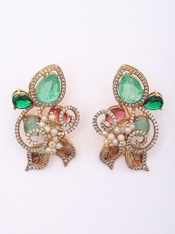 Exotic India Four Strand Multi Stone Studded Floral Design Necklace And Earrings Set 