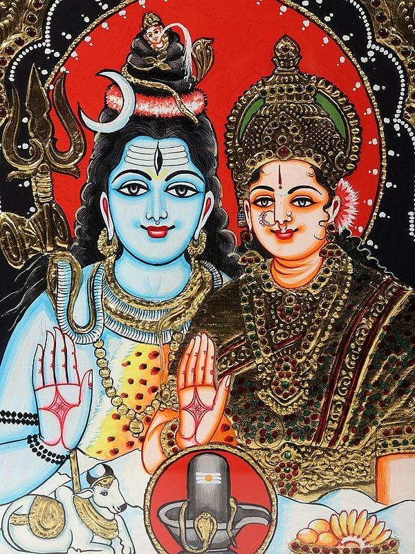 Exotic India Framed Blessing Shiva Parvati Tanjore Painting 