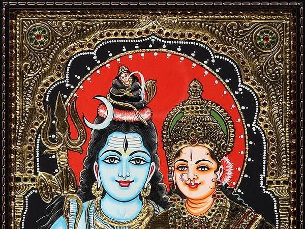 Exotic India Framed Blessing Shiva Parvati Tanjore Painting 
