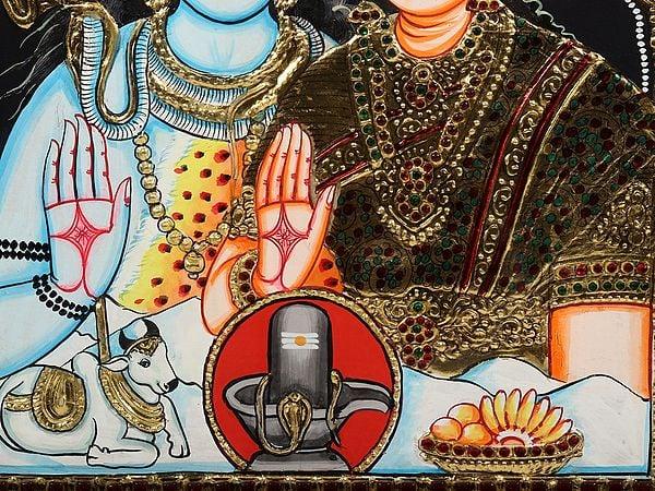 Exotic India Framed Blessing Shiva Parvati Tanjore Painting 