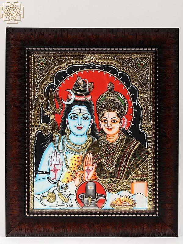 exotic india Framed Blessing Shiva Parvati Tanjore Painting 