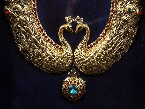 Exotic India Framed Embossed Paired Peacock | Tanjore Painting 