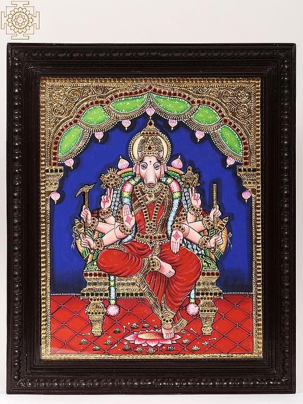 exotic india Framed Goddess Varahi Tanjore Painting 