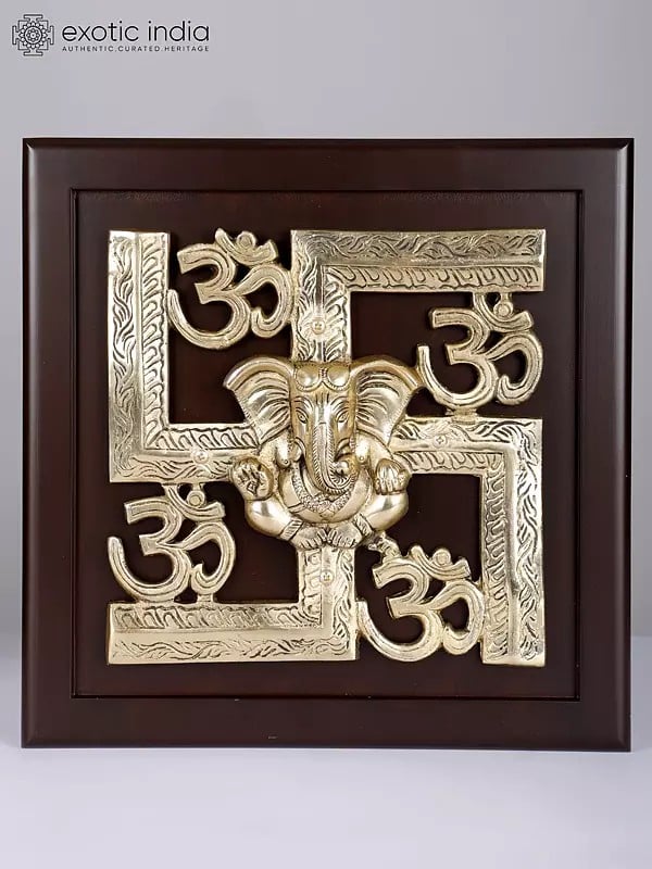 exotic india Framed Swastik Om Ganesha | Wall Hanging Spiritual Decor 