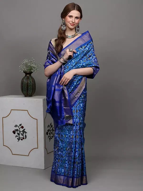 Exotic India French-Blue Paan Patola Pure Silk Saree Hand-Woven In Pochampally Village 
