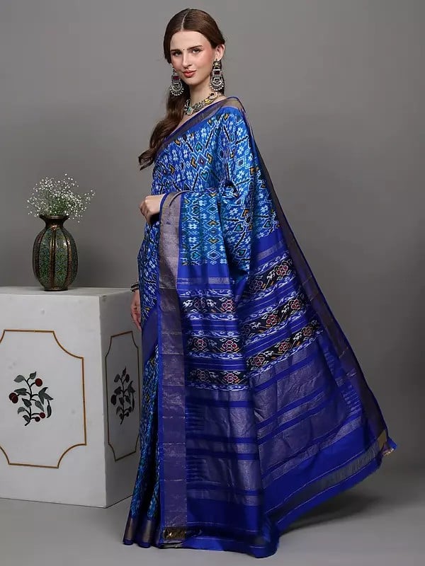 Exotic India French-Blue Paan Patola Pure Silk Saree Hand-Woven In Pochampally Village 