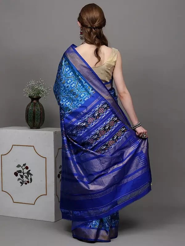 Exotic India French-Blue Paan Patola Pure Silk Saree Hand-Woven In Pochampally Village 