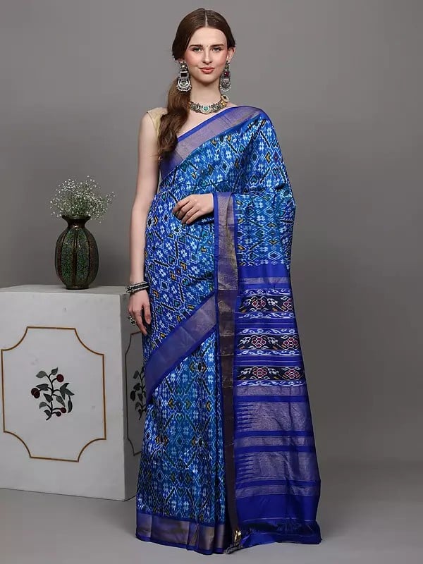 exotic india French-Blue Paan Patola Pure Silk Saree Hand-Woven in Pochampally Village 
