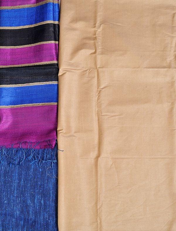 exotic india Frosted-Almond and Blue Plain Salwar Kameez Fabric with Striped Dupatta 