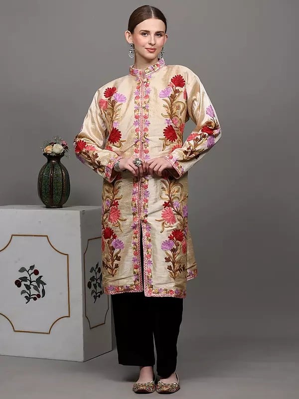 Exotic India Frosted-Almond Kashmiri Long Jacket With Aari Embroidered Flowers In Multicolor Thread 