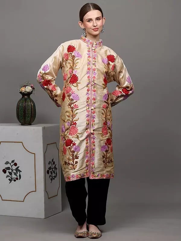 Exotic India Frosted-Almond Kashmiri Long Jacket With Aari Embroidered Flowers In Multicolor Thread 