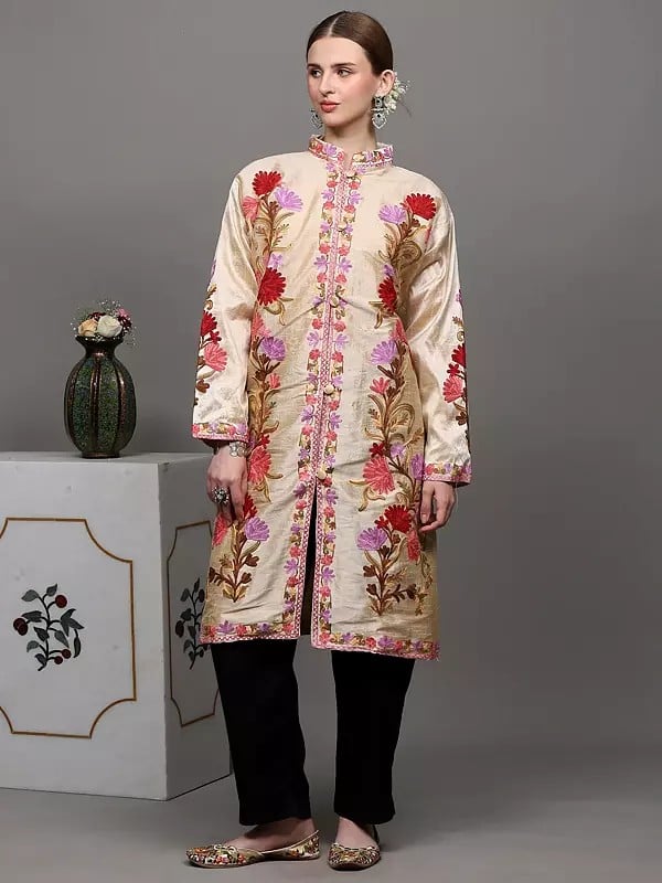 Exotic India Frosted-Almond Kashmiri Long Jacket With Aari Embroidered Flowers In Multicolor Thread 
