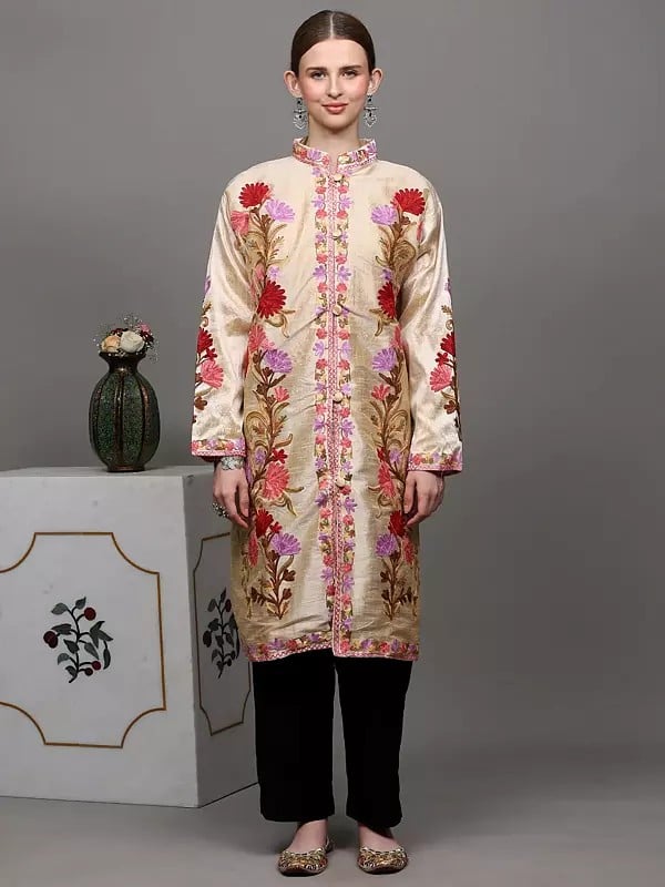exotic india Frosted-Almond Kashmiri Long Jacket with Aari Embroidered Flowers in Multicolor Thread 