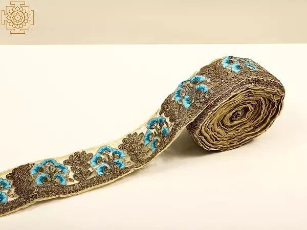 Exotic India Frosted Almond Net Zardozi With Floral Thread Embroidery Border