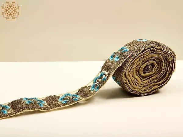 Exotic India Frosted Almond Net Zardozi With Floral Thread Embroidery Border