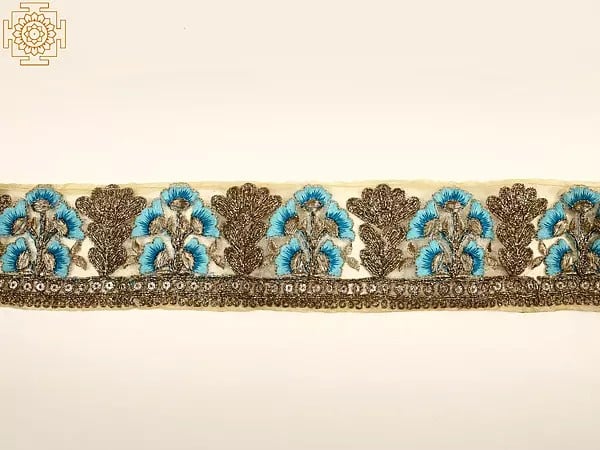 exotic india Frosted Almond Net Zardozi with Floral Thread Embroidery Border 