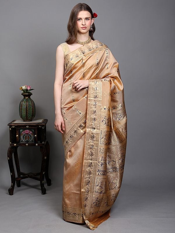 Exotic India Frosted-Almond Pure Silk Baluchari Saree From Bengal With Zari Hand-woven Courtly Apsaras And Radha Krishna On Pallu 