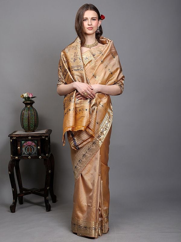 Exotic India Frosted-Almond Pure Silk Baluchari Saree From Bengal With Zari Hand-woven Courtly Apsaras And Radha Krishna On Pallu 