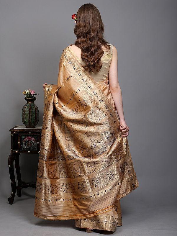 Exotic India Frosted-Almond Pure Silk Baluchari Saree From Bengal With Zari Hand-woven Courtly Apsaras And Radha Krishna On Pallu 
