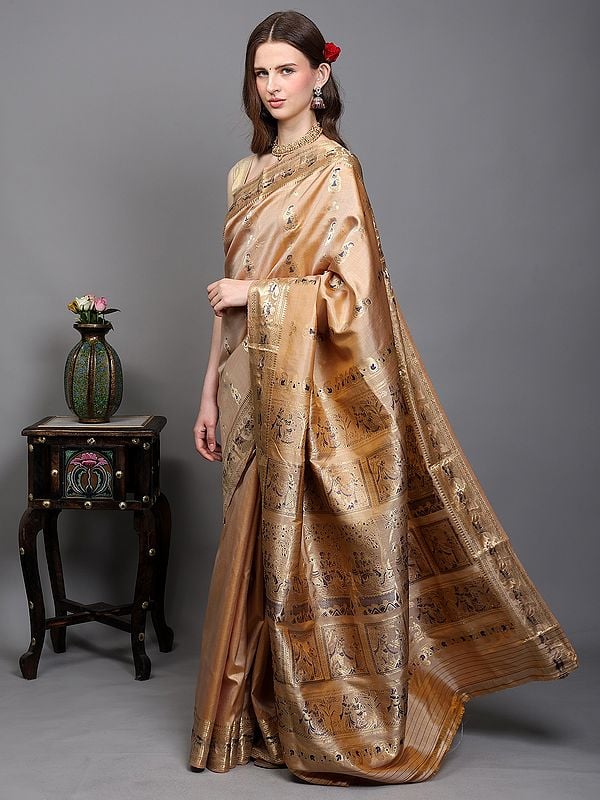 exotic india Frosted-Almond Pure Silk Baluchari Saree from Bengal with Zari Hand-woven Courtly Apsaras and Radha Krishna on Pallu 