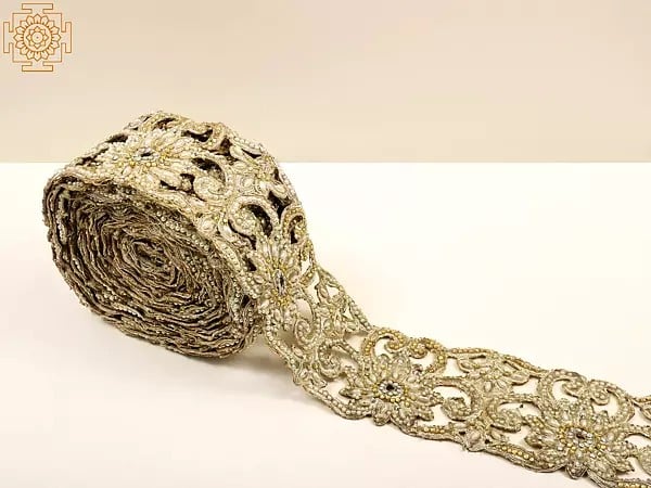Exotic India Frosted Almond Zari Embroidered Motif With Pearl And Stones Work