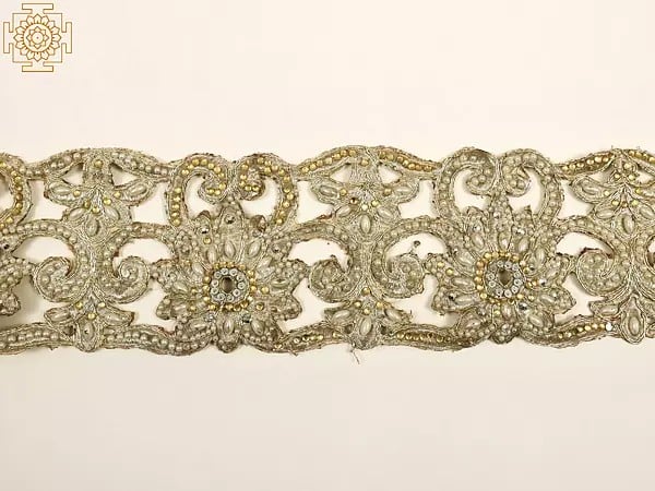Exotic India Frosted Almond Zari Embroidered Motif With Pearl And Stones Work