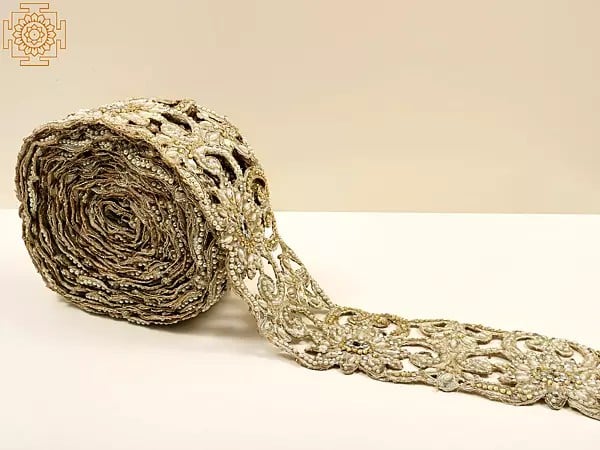 exotic india Frosted Almond Zari Embroidered Motif with Pearl and Stones Work 