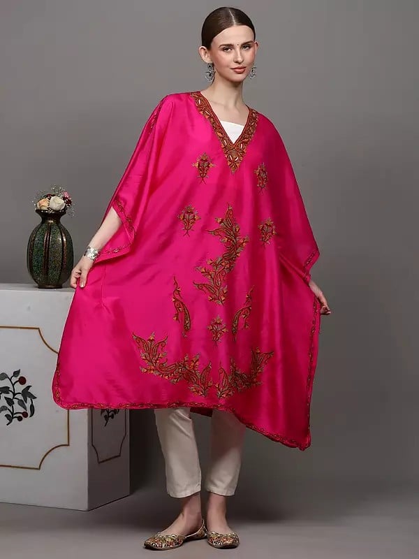 Exotic India Fuchsia Kashmiri Short Kaftan With Crewel Embroidered Paisleys By Hand 