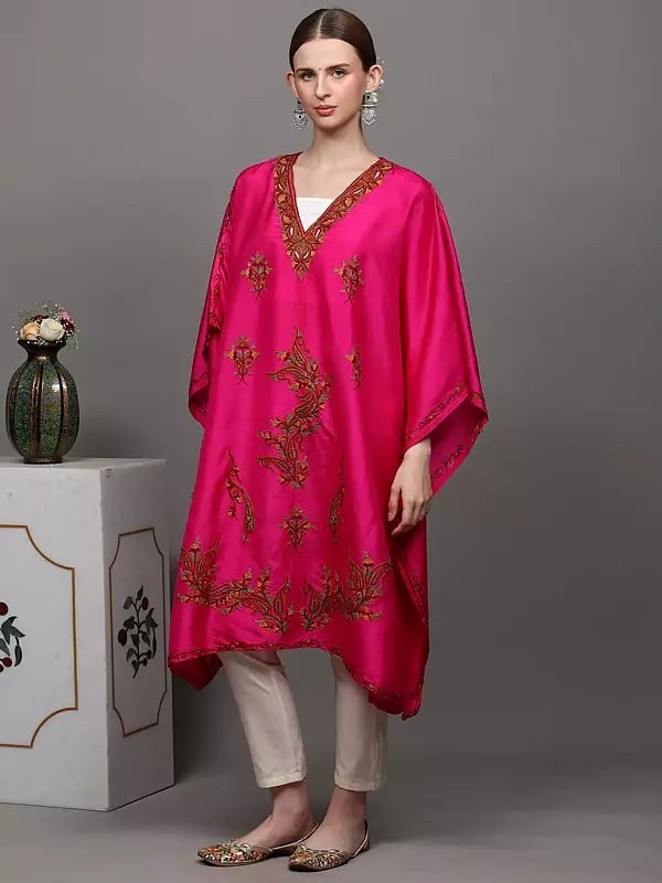 Exotic India Fuchsia Kashmiri Short Kaftan With Crewel Embroidered Paisleys By Hand 