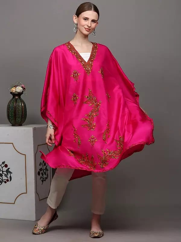 Exotic India Fuchsia Kashmiri Short Kaftan With Crewel Embroidered Paisleys By Hand 