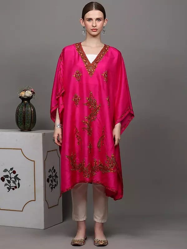 exotic india Fuchsia Kashmiri Short Kaftan with Crewel Embroidered Paisleys by Hand 