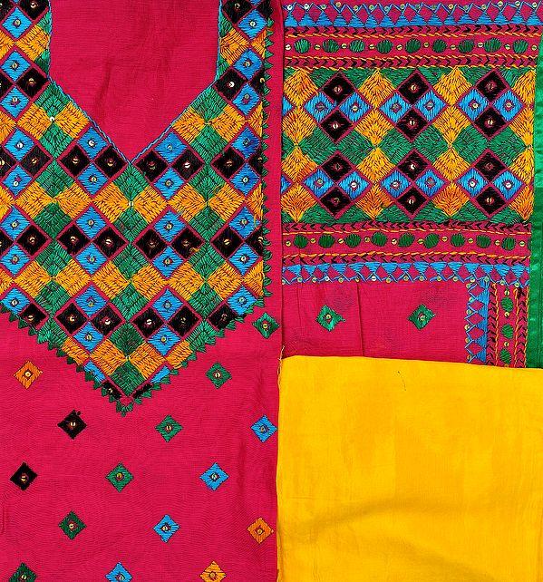exotic india Fuchsia-Rose and Yellow Phulkari Hand-Embroidered Salwar Kameez Fabric from Punjab 