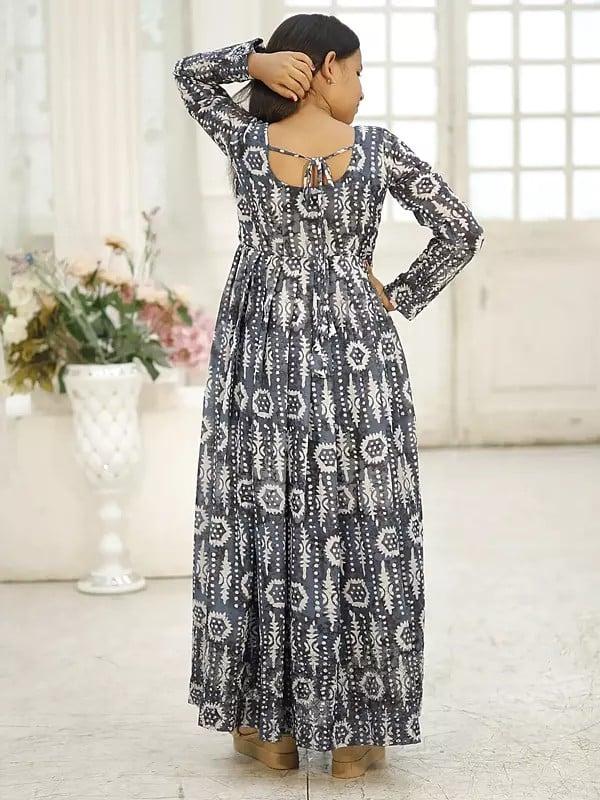 Exotic India Full Sleeve Digital Print Casual Wear Faux Georgette Gown For Girls 