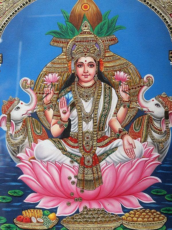 Exotic India Gaja Lakshmi On Lotus - Embossed Tanjore Painting With Frame | Traditional Colors With Gold Work