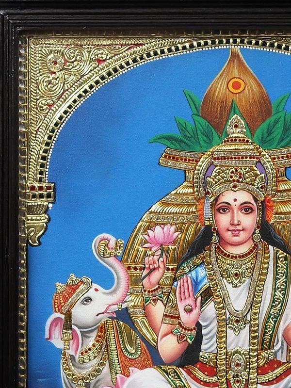 Exotic India Gaja Lakshmi On Lotus - Embossed Tanjore Painting With Frame | Traditional Colors With Gold Work