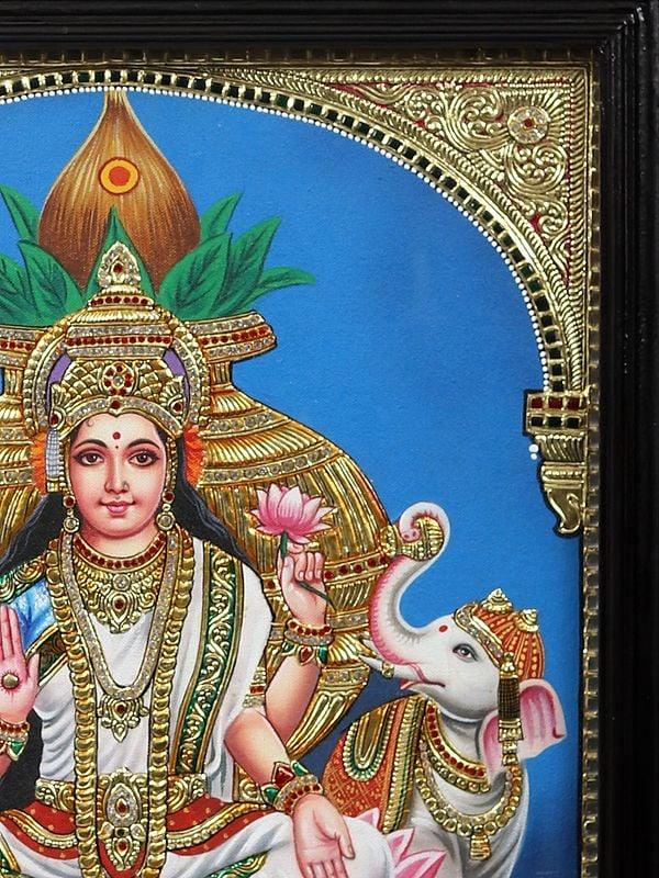 Exotic India Gaja Lakshmi On Lotus - Embossed Tanjore Painting With Frame | Traditional Colors With Gold Work