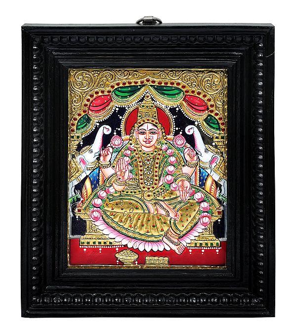 exotic india Gajalakshmi Tanjore Painting | Traditional Colors with 24K Gold | Teakwood Frame 